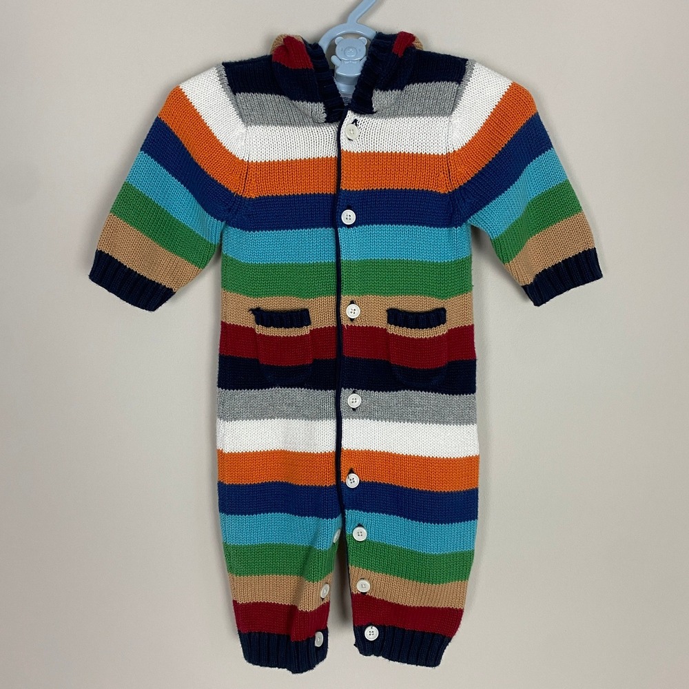 Baby Gap Striped Hooded Knit Sweater Coverall One Piece Newborn 0-3M Multicolor